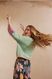 OVERSIZED LONG-SLEEVE SWEATER WITH STRIPES ON SLEEVES AND HEM - GREEN