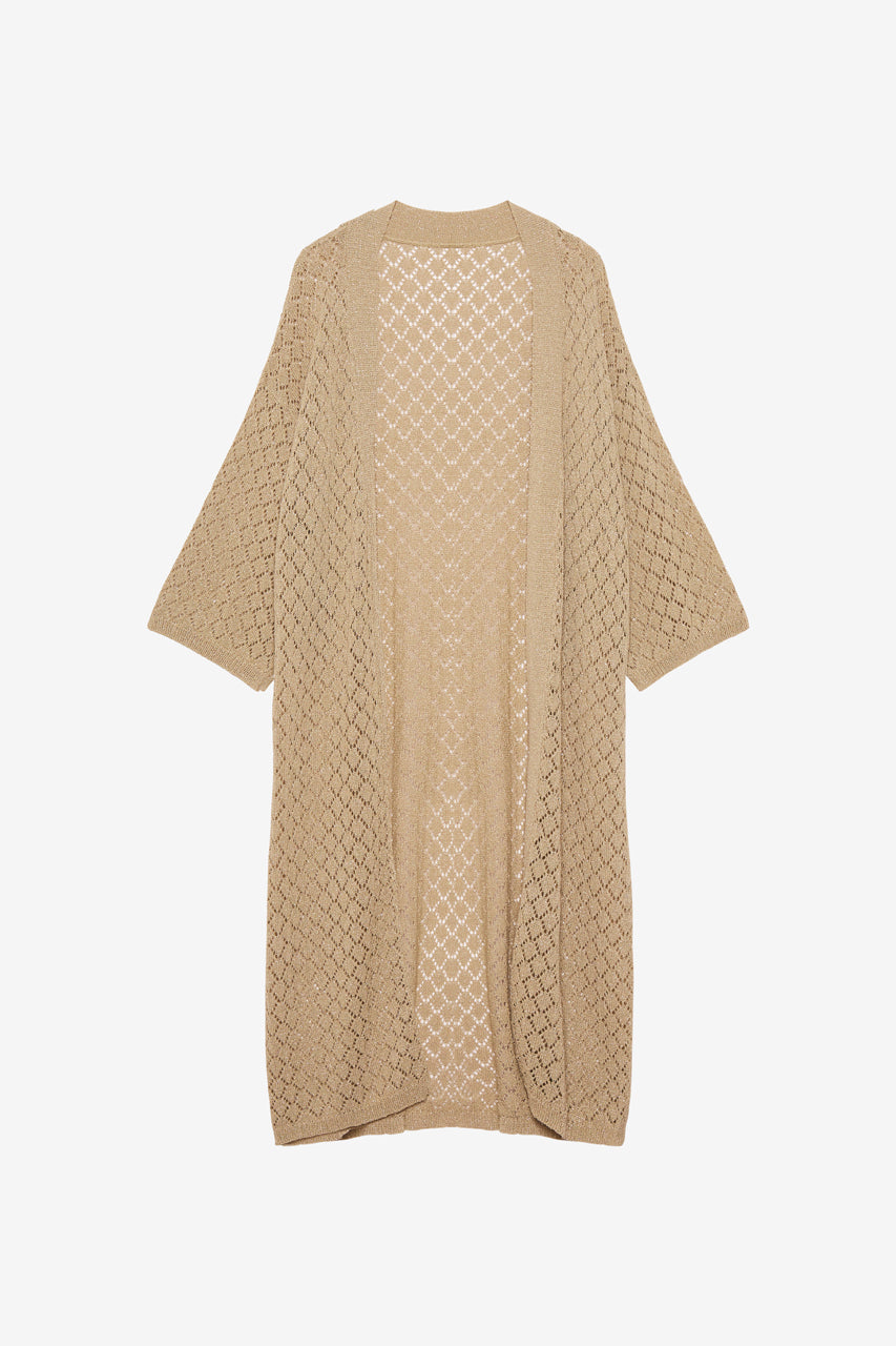 KNITTED LONG KIMONO WITH OPENWORK DETAILS - KHAKI