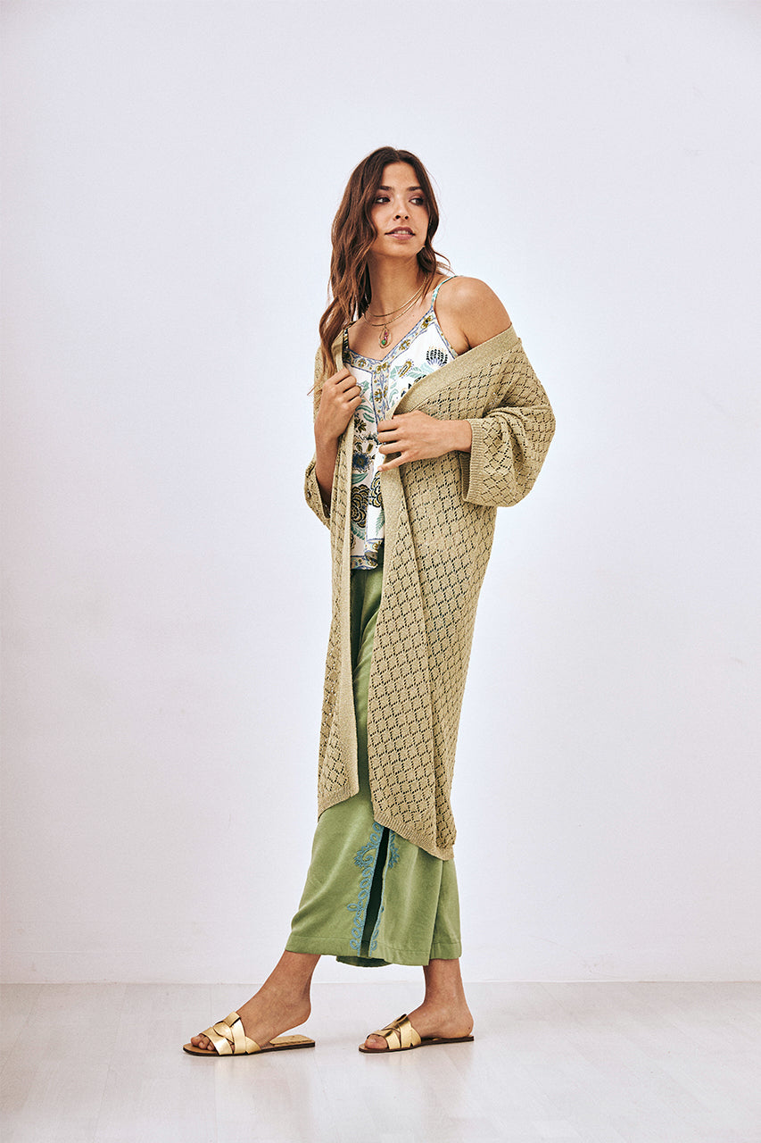 KNITTED LONG KIMONO WITH OPENWORK DETAILS - KHAKI