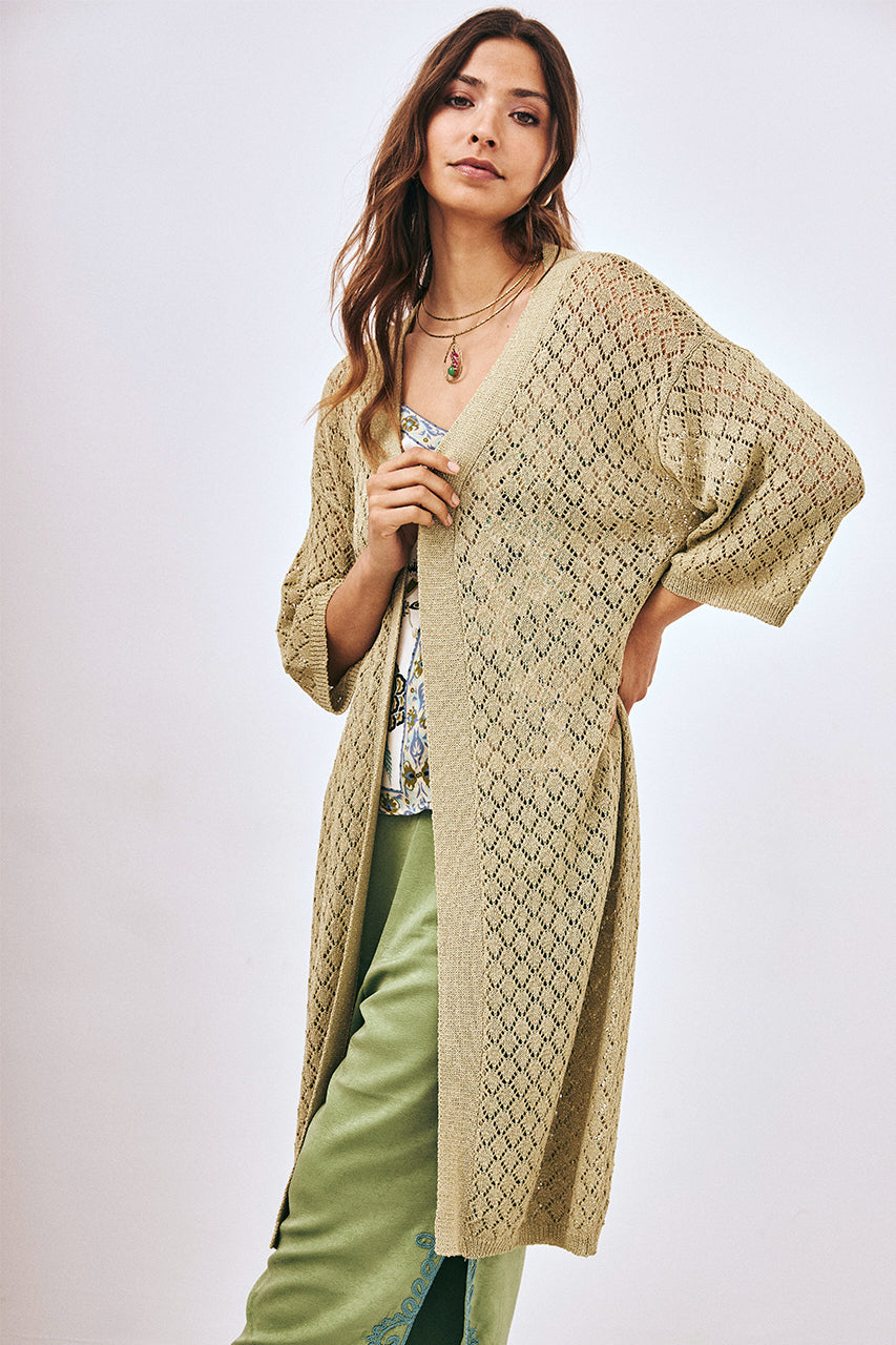 KNITTED LONG KIMONO WITH OPENWORK DETAILS - KHAKI