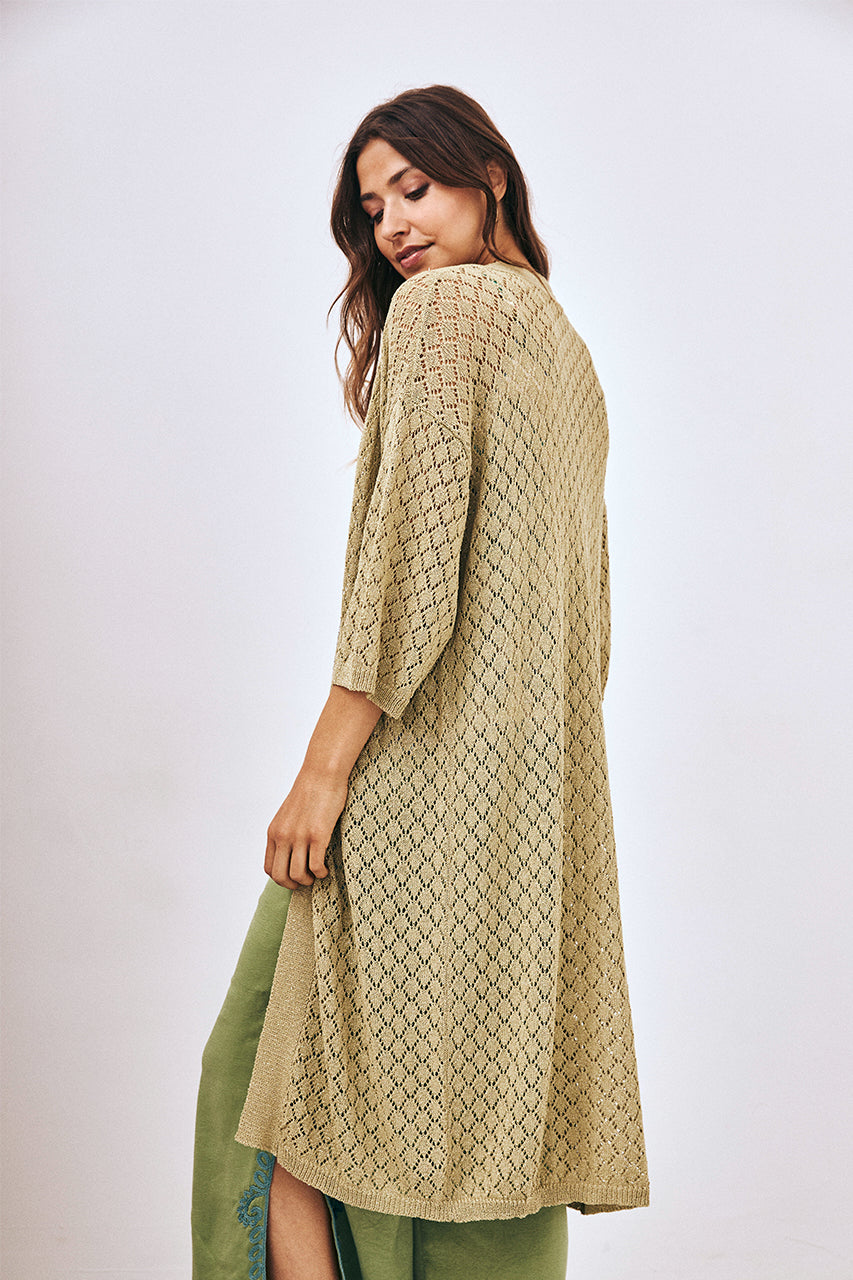 KNITTED LONG KIMONO WITH OPENWORK DETAILS - KHAKI