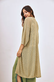 KNITTED LONG KIMONO WITH OPENWORK DETAILS - KHAKI