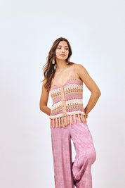 STRIPED TOP WITH FRINGE DETAIL - PEACH