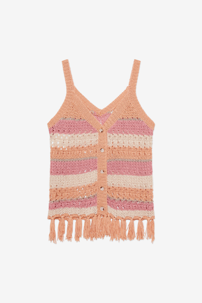 STRIPED TOP WITH FRINGE DETAIL - PEACH