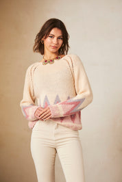 Long-sleeved JACQUARD HEM SWEATER - IVORY