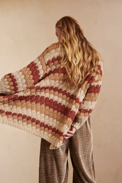 CARDIGAN LARGO MANGA LARGA LISTADO CON CALADOS - SAND