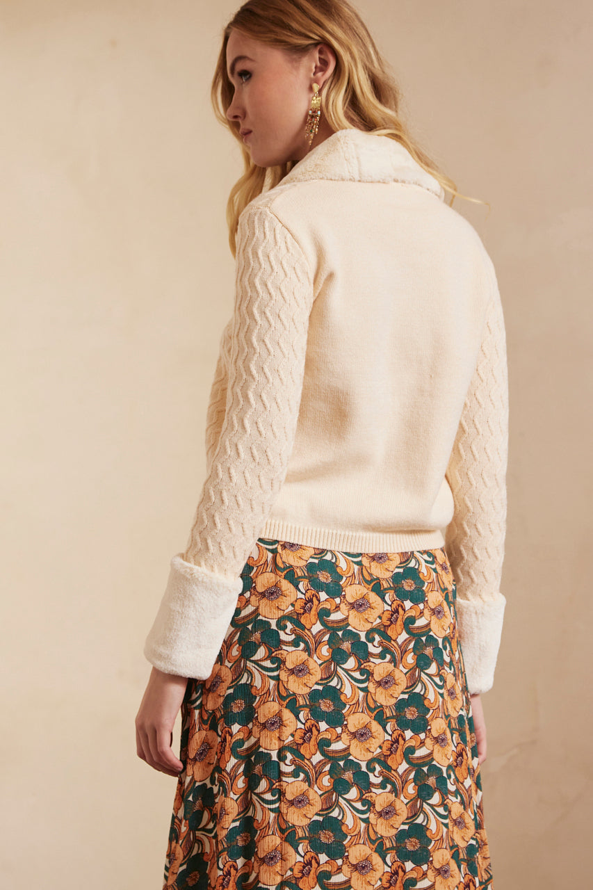 CARDIGAN MANGA LARGA CON PELO EN EL CUELLO - IVORY