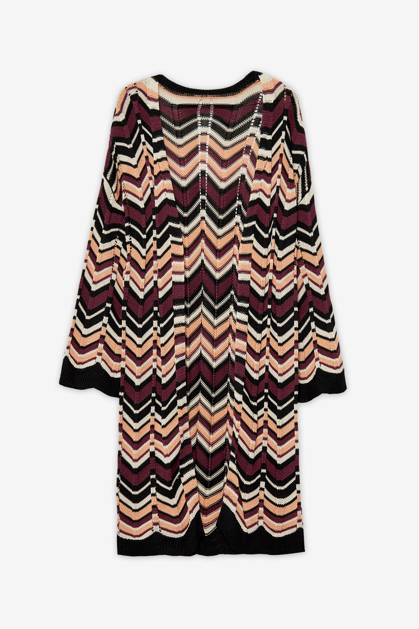 Long knitted kimono with ethnic stripes - black