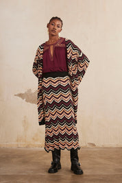 KIMONO LARGO DE PUNTO RAYAS ETNICAS - BLACK