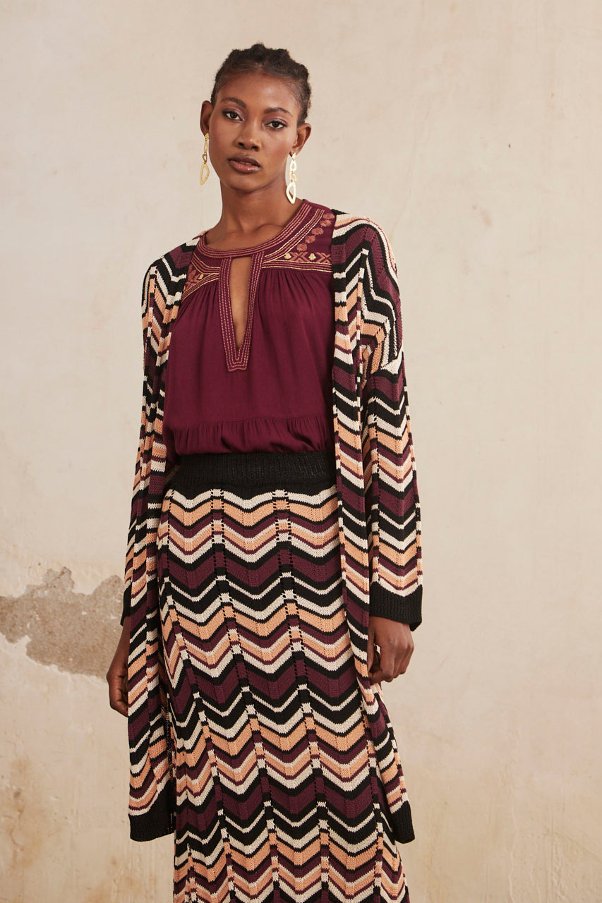 KIMONO LARGO DE PUNTO RAYAS ETNICAS - BLACK