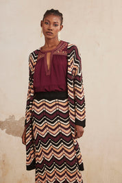 Long knitted kimono with ethnic stripes - black