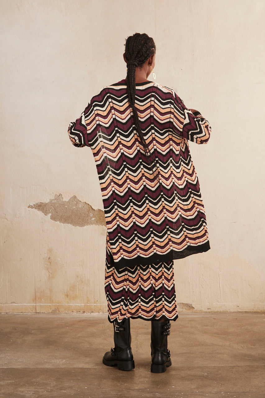 Long knitted kimono with ethnic stripes - black