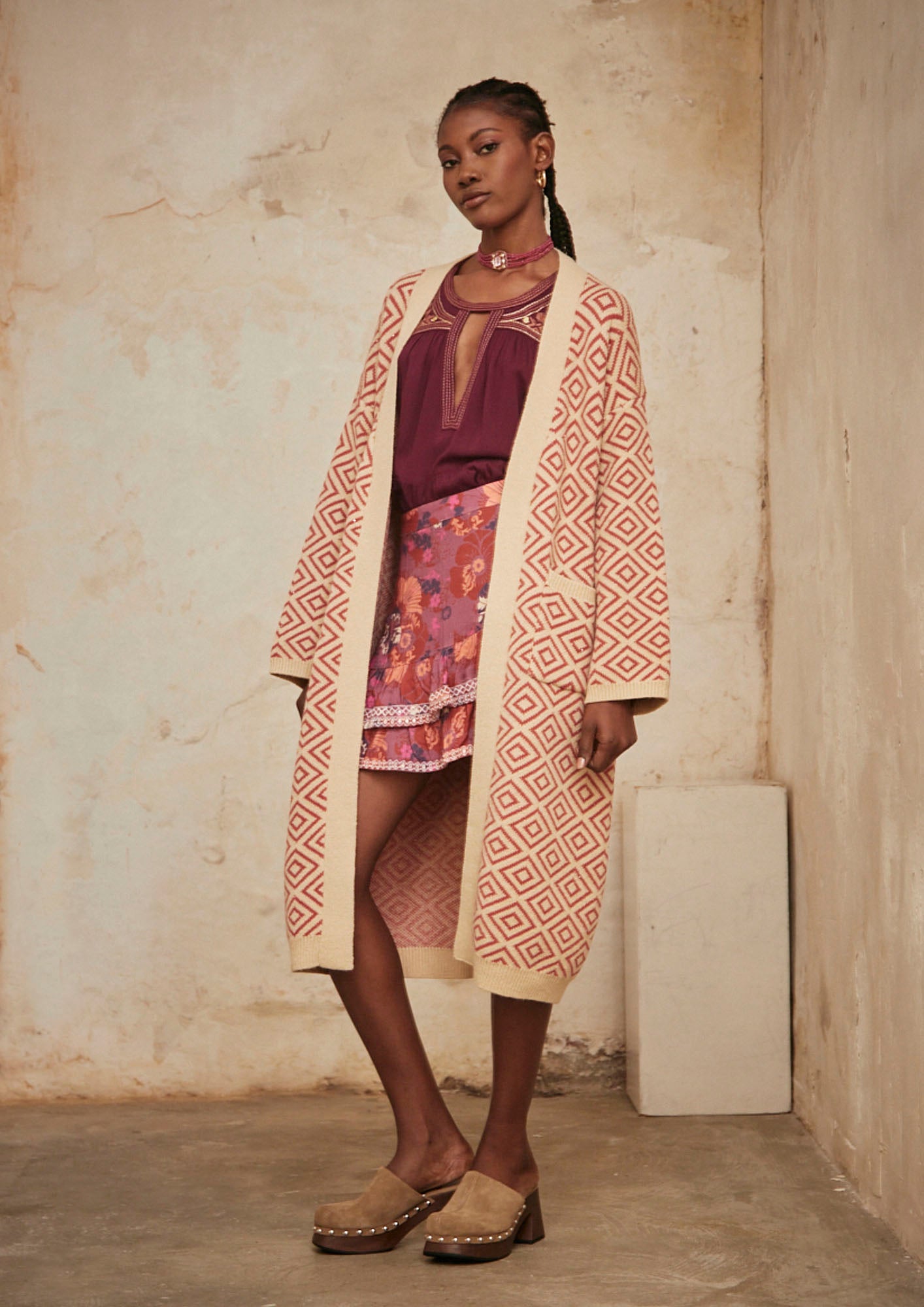 Long-sleeved kimono in two-tone geometric jacquard - brick