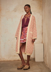 Long-sleeved kimono in two-tone geometric jacquard - brick