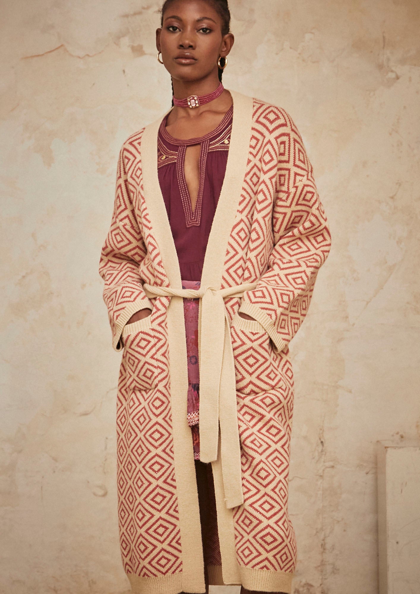 Long-sleeved kimono in two-tone geometric jacquard - brick