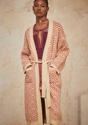 Long-sleeved kimono in two-tone geometric jacquard - brick