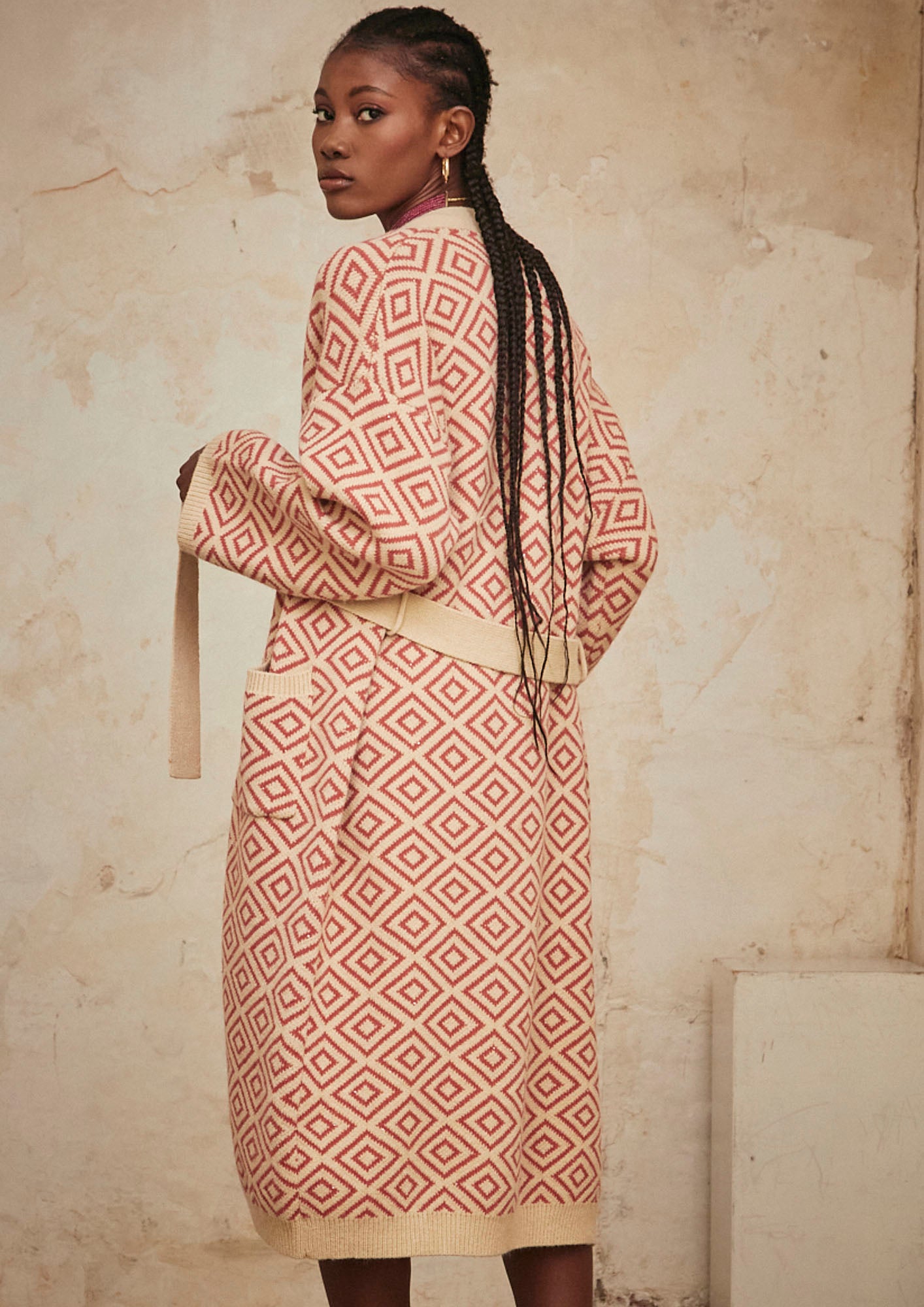 Long-sleeved kimono in two-tone geometric jacquard - brick