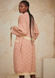 Long-sleeved kimono in two-tone geometric jacquard - brick