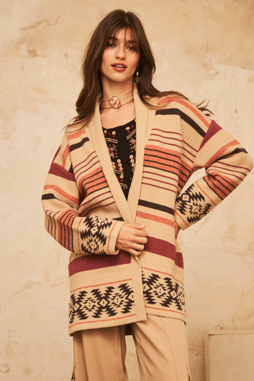 CARDIGAN OVERSIZE MANGA LARGO LISTADO CON JACQUARD EN EL BAJO - IVORY