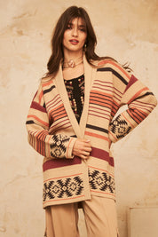CARDIGAN OVERSIZE MANGA LARGO LISTADO CON JACQUARD EN EL BAJO - IVORY