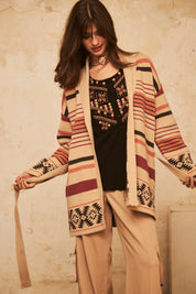 CARDIGAN OVERSIZE MANGA LARGO LISTADO CON JACQUARD EN EL BAJO - IVORY