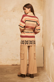 CARDIGAN OVERSIZE MANGA LARGO LISTADO CON JACQUARD EN EL BAJO - IVORY