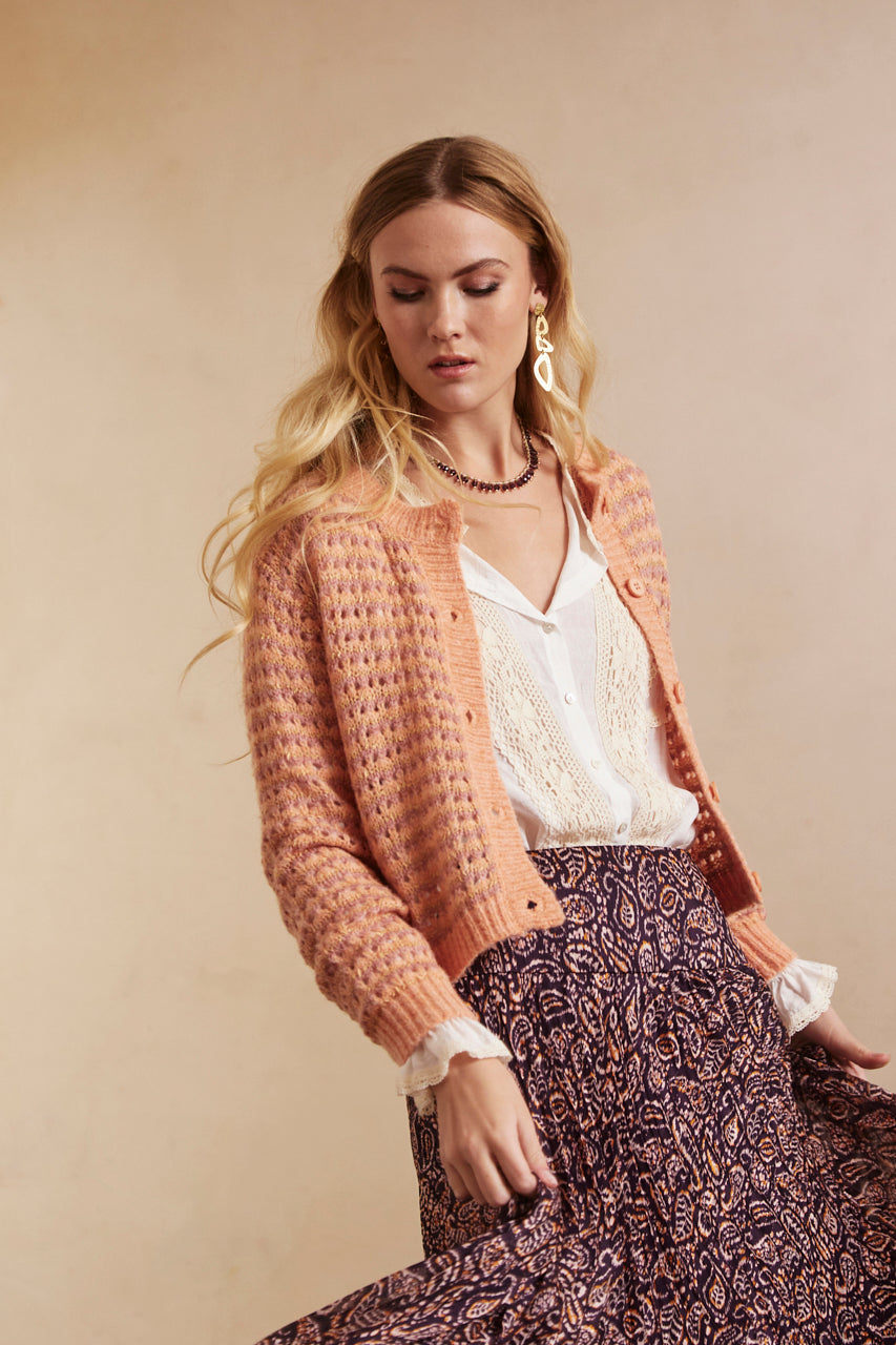 CARDIGAN RECTO MANGA LARGA LISTADO - PEACH