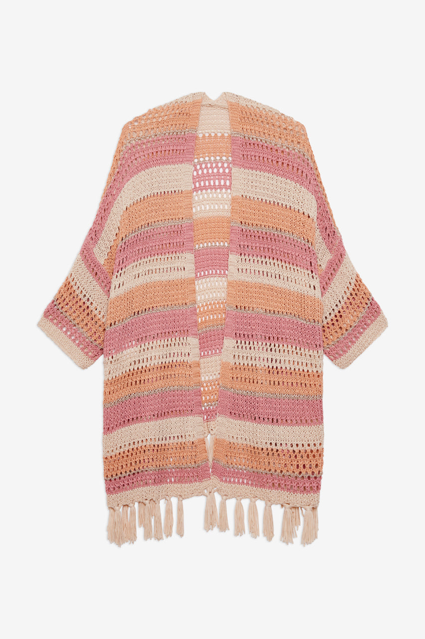 KIMONO PUNTO LARGO RAYAS FLECOS - PEACH