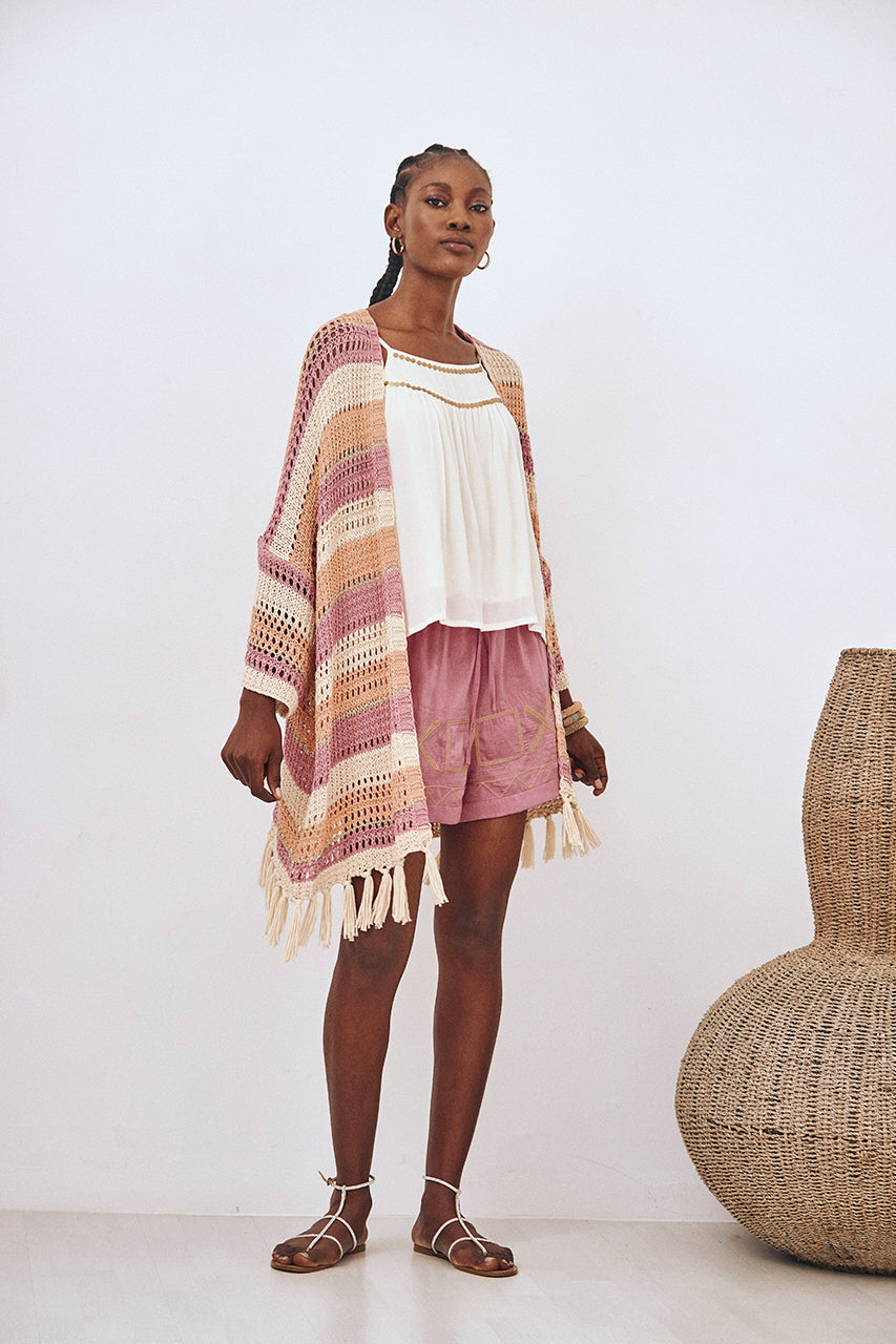KIMONO PUNTO LARGO RAYAS FLECOS - PEACH