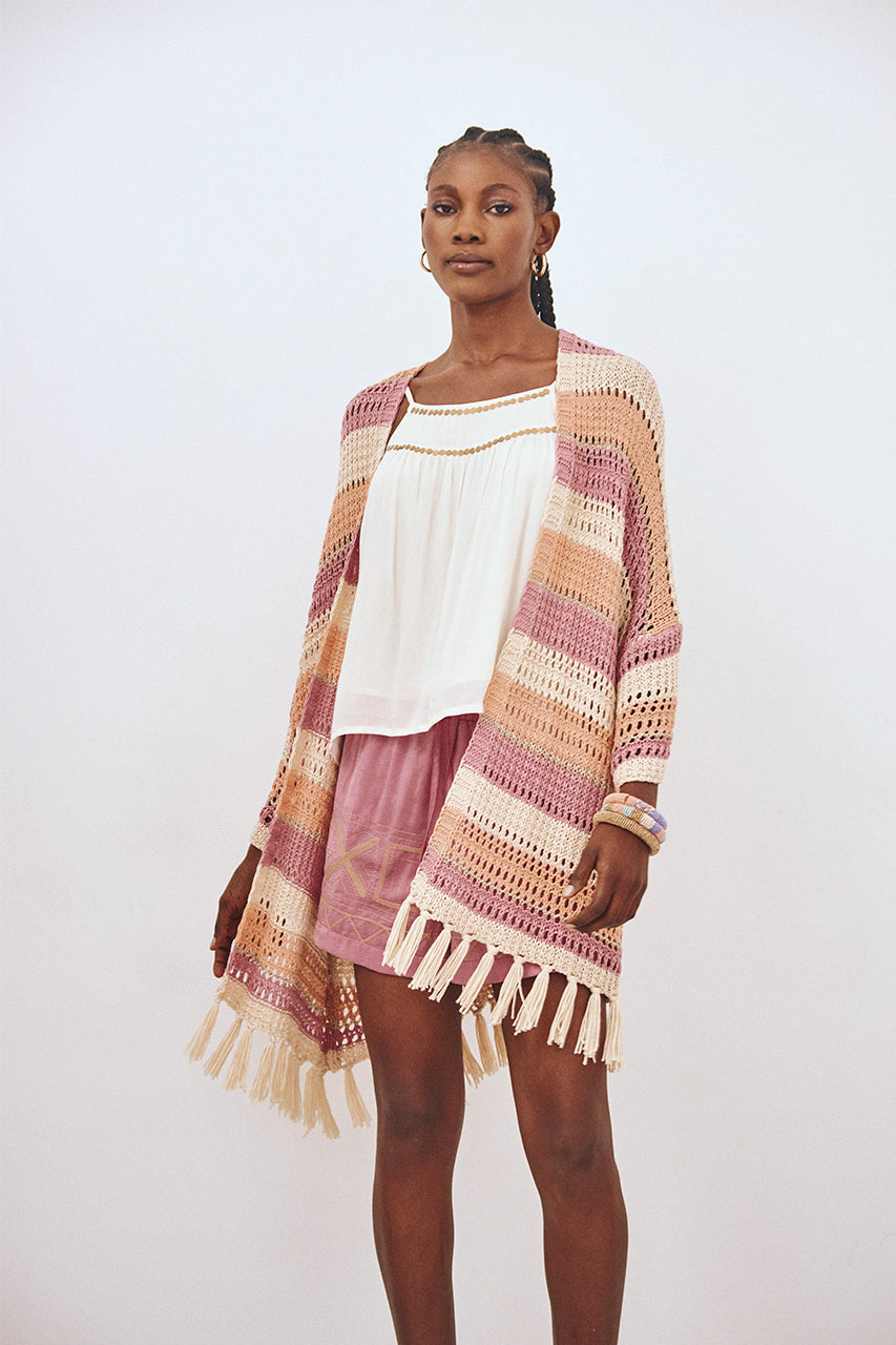 KIMONO PUNTO LARGO RAYAS FLECOS - PEACH