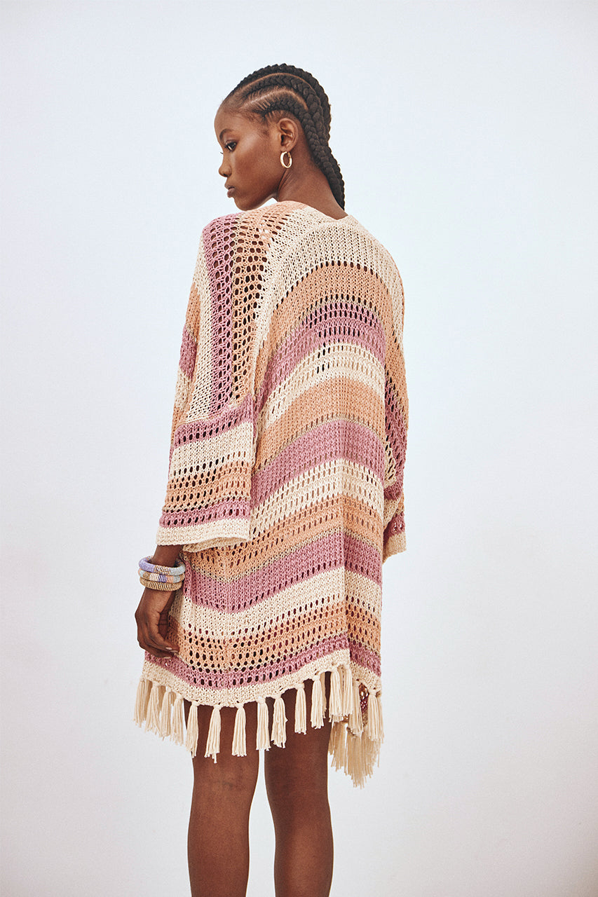KIMONO PUNTO LARGO RAYAS FLECOS - PEACH