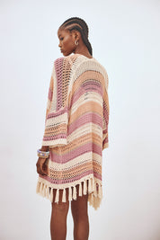 KIMONO PUNTO LARGO RAYAS FLECOS - PEACH