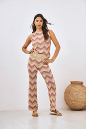 PANTALÓN PUNTO JACQUARD TRICOLOR ZIGZAG - ROSA