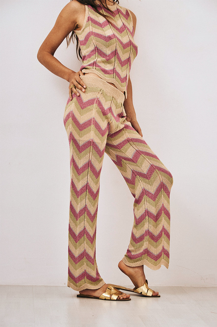 PANTALÓN PUNTO JACQUARD TRICOLOR ZIGZAG - ROSA