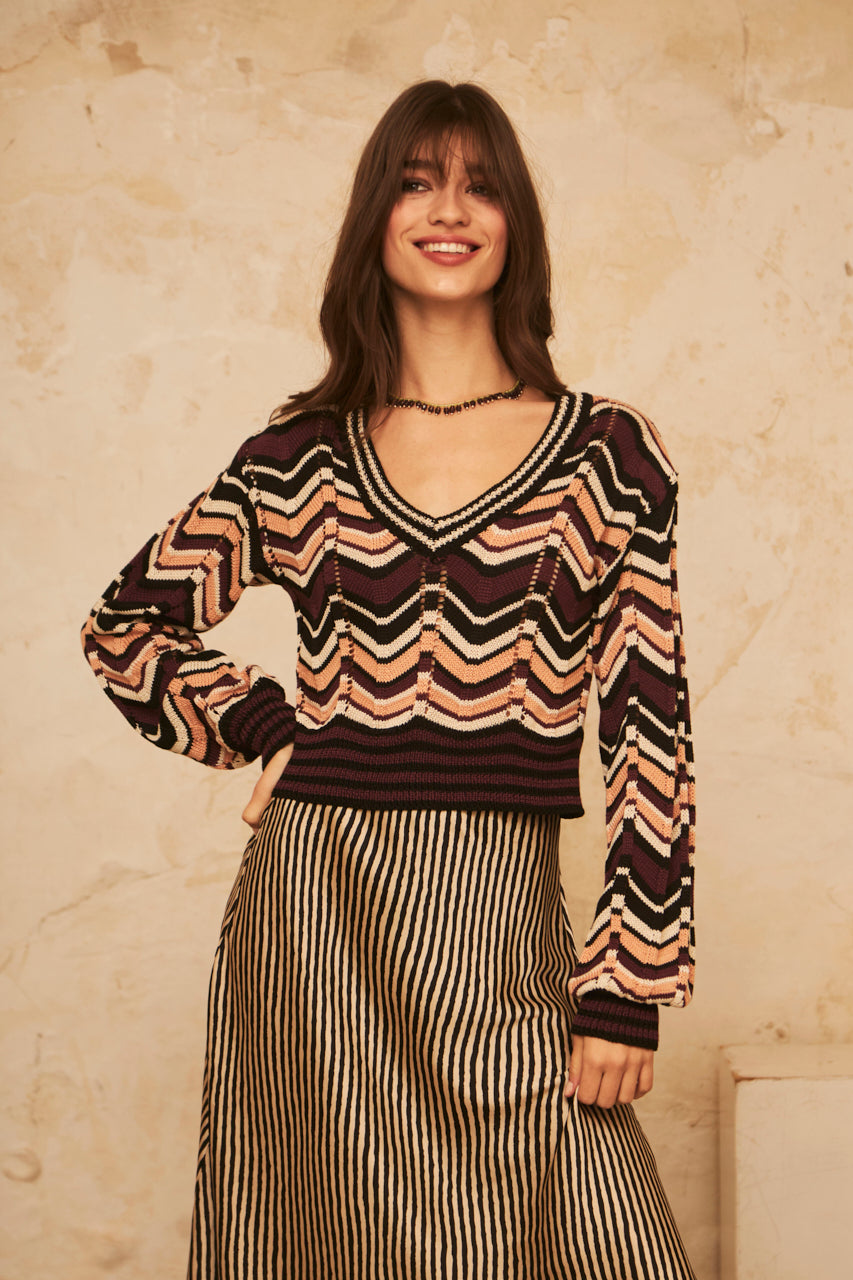 JERSEY CROPPED MANGA LARGA JACQUARD ZIC ZAG TRICOLOR - BLACK