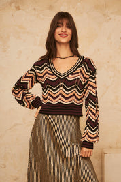 JERSEY CROPPED MANGA LARGA JACQUARD ZIC ZAG TRICOLOR - BLACK