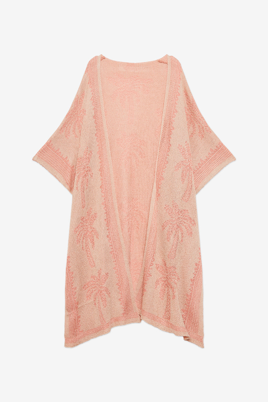 KIMONO LARGO DE PUNTO JACQUARD PALMERAS - CORAL
