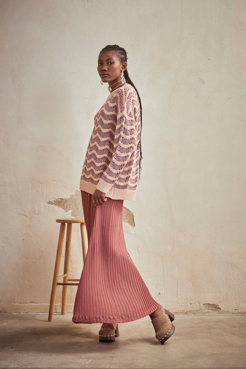LONG SLEEVE JACQUARD ZIC ZAG SWEATER - MAUVE