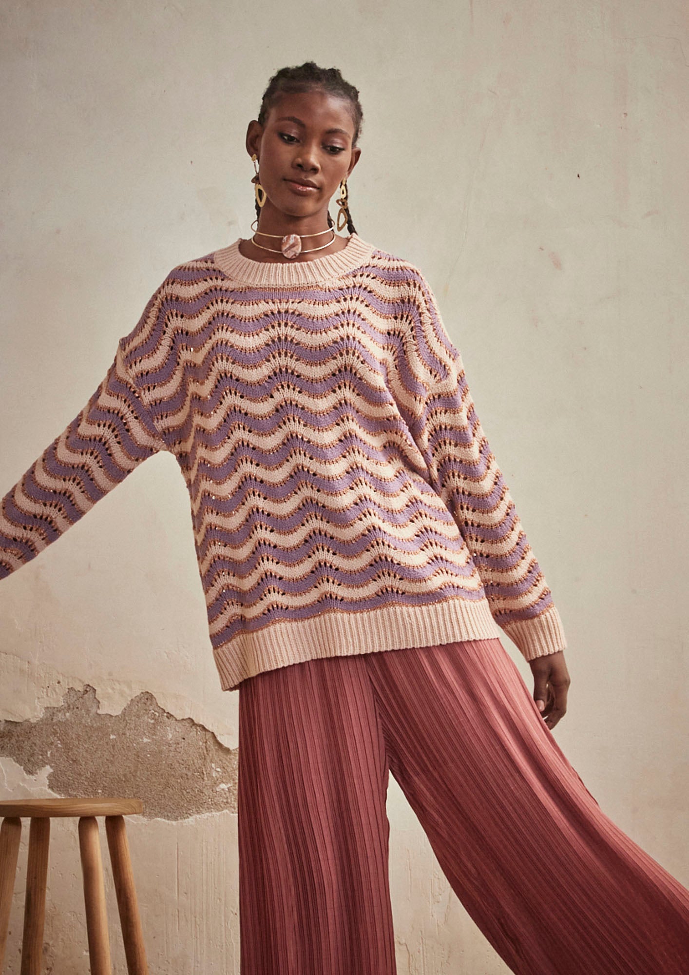 LONG SLEEVE JACQUARD ZIC ZAG SWEATER - MAUVE