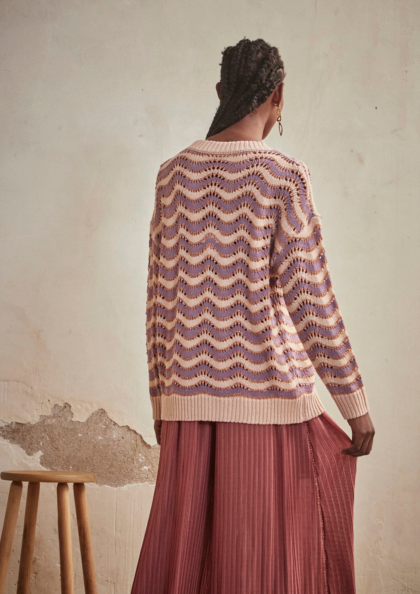 LONG SLEEVE JACQUARD ZIC ZAG SWEATER - MAUVE