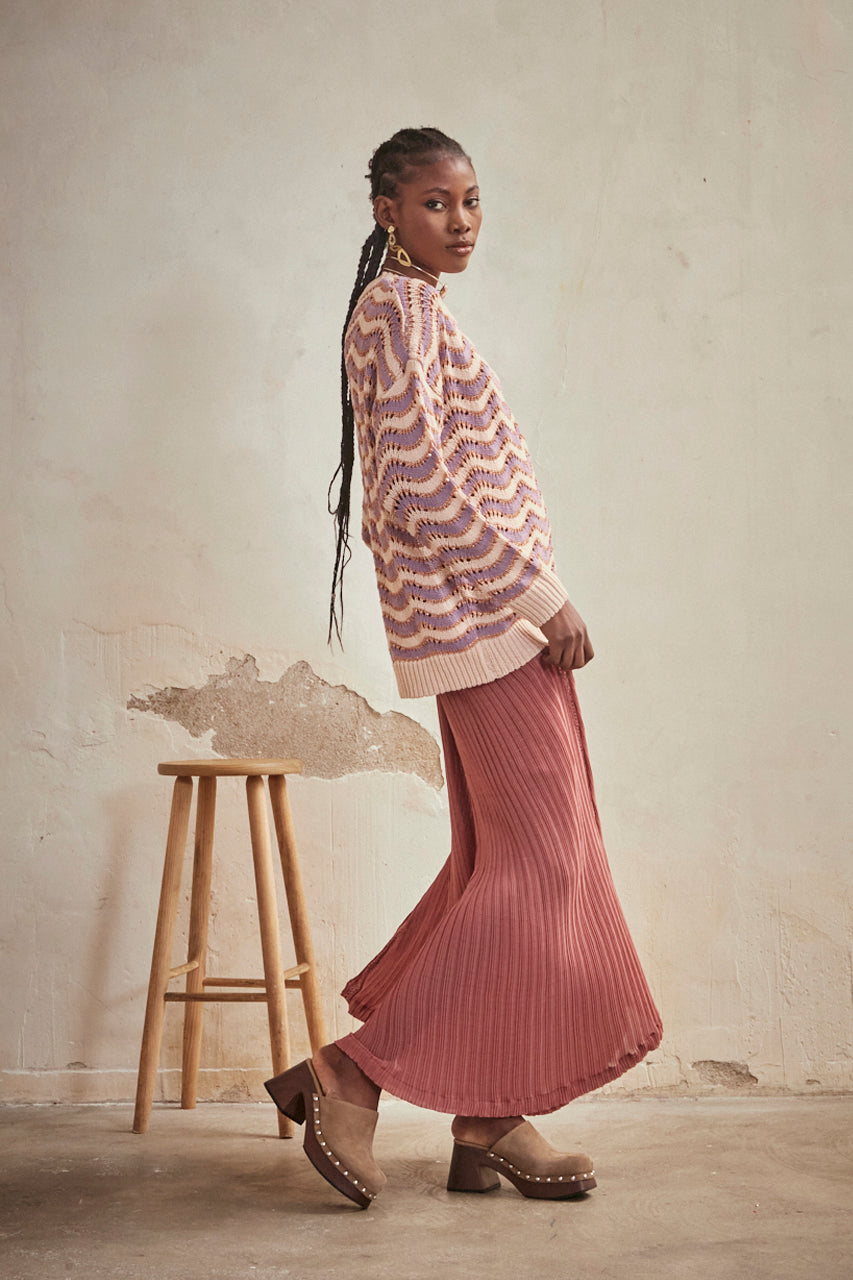 LONG SLEEVE JACQUARD ZIC ZAG SWEATER - MAUVE