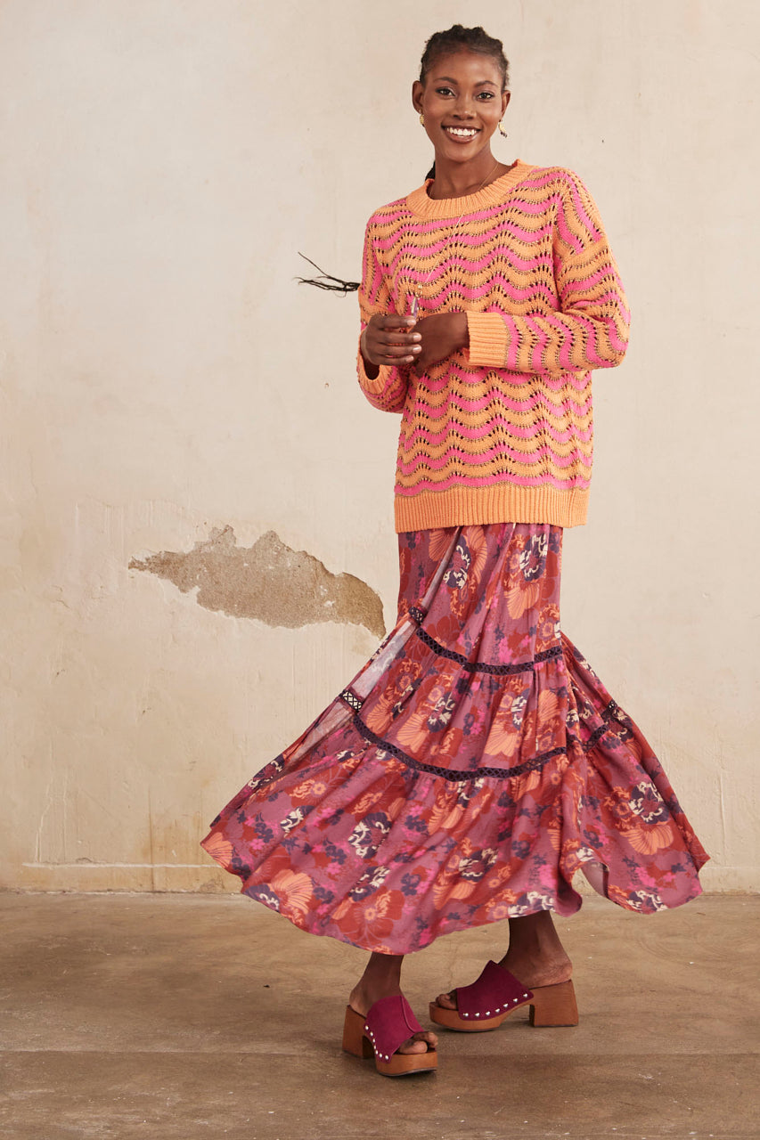 JACQUARD ZIG ZAG LONG SLEEVE SWEATER - FUCHSIA