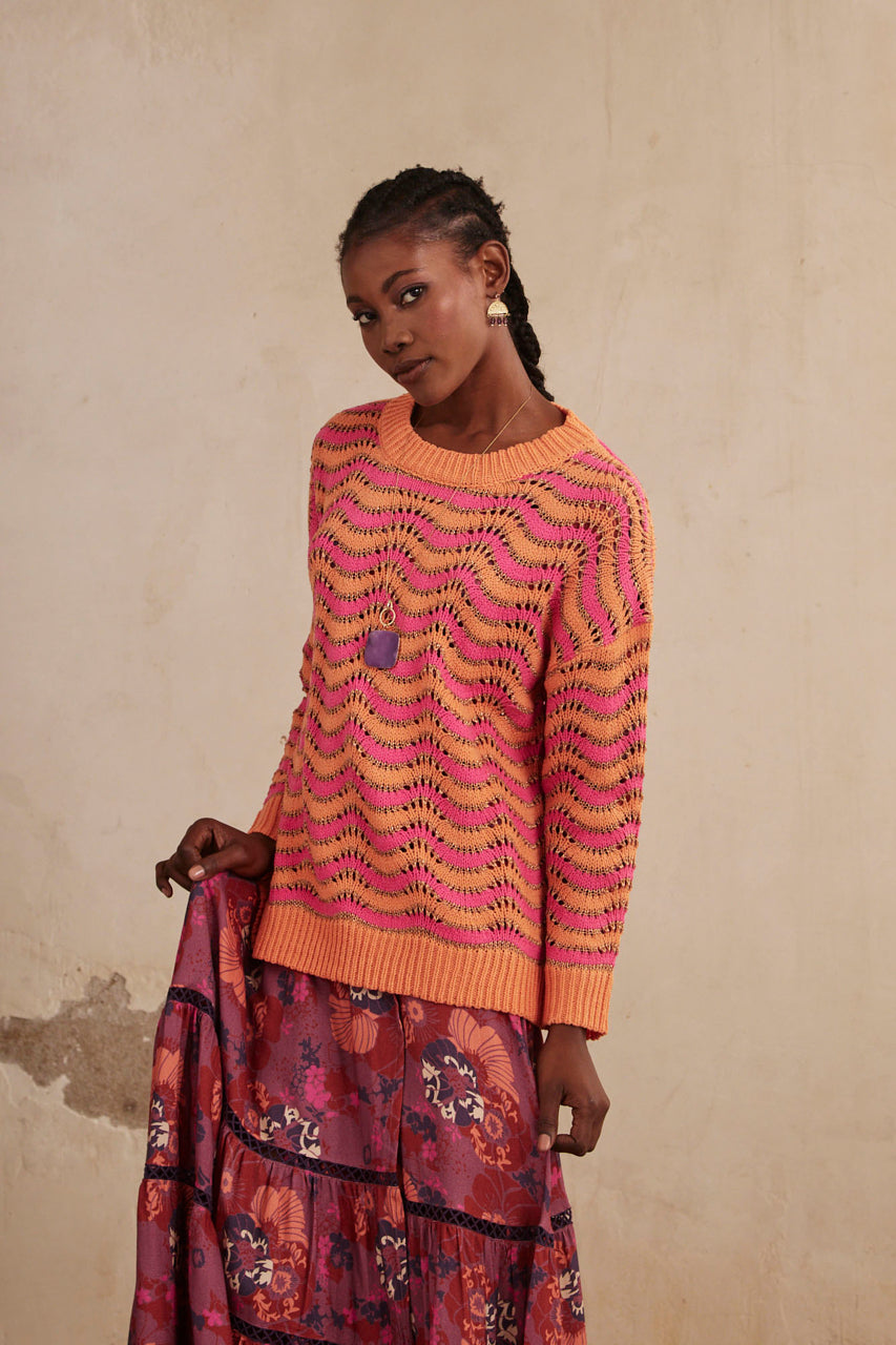JACQUARD ZIG ZAG LONG SLEEVE SWEATER - FUCHSIA