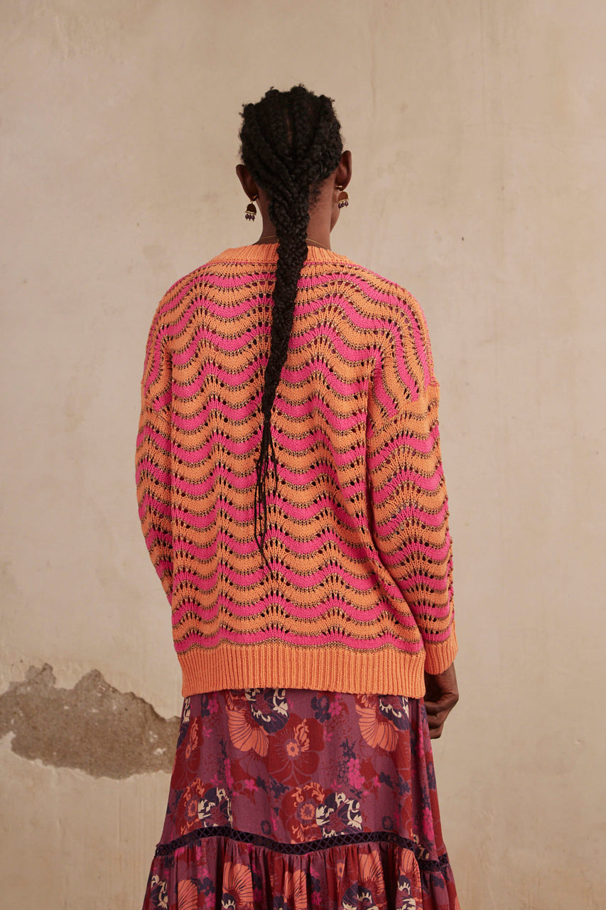 JACQUARD ZIG ZAG LONG SLEEVE SWEATER - FUCHSIA