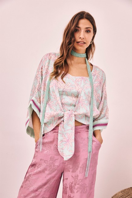 KIMONO ANUDADO ESTAMPADO BORDADO