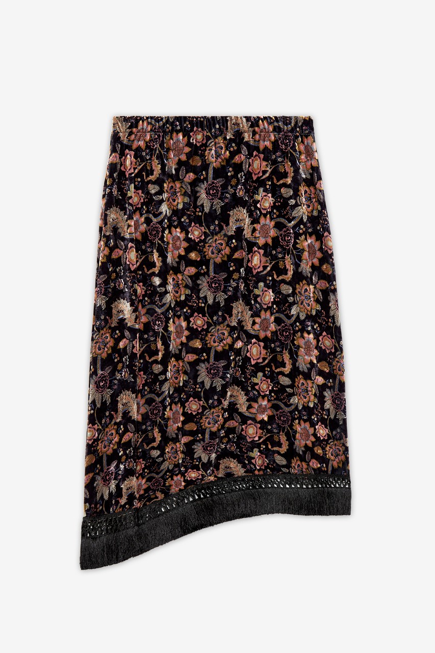 MIDI FLORAL PRINT VELVET SKIRT