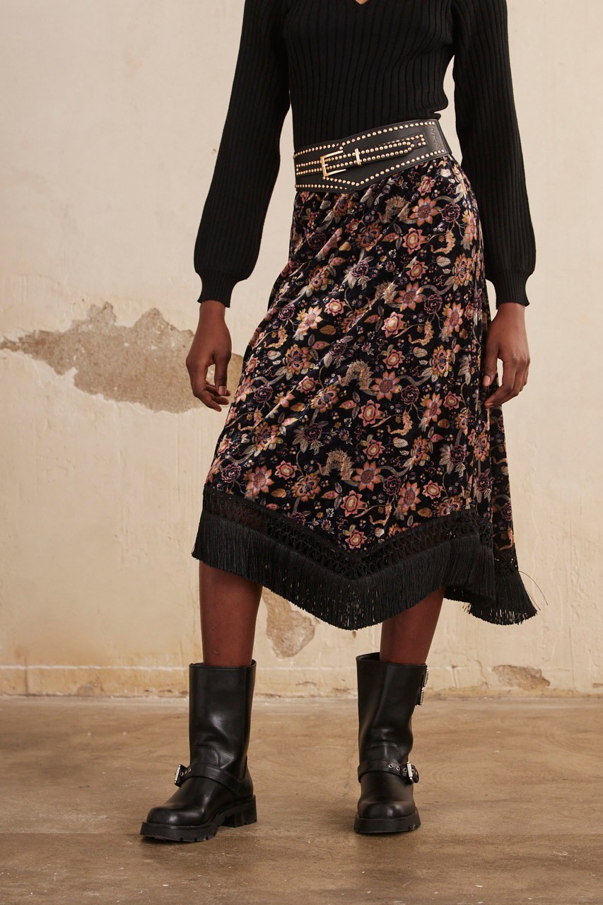 MIDI FLORAL PRINT VELVET SKIRT 1