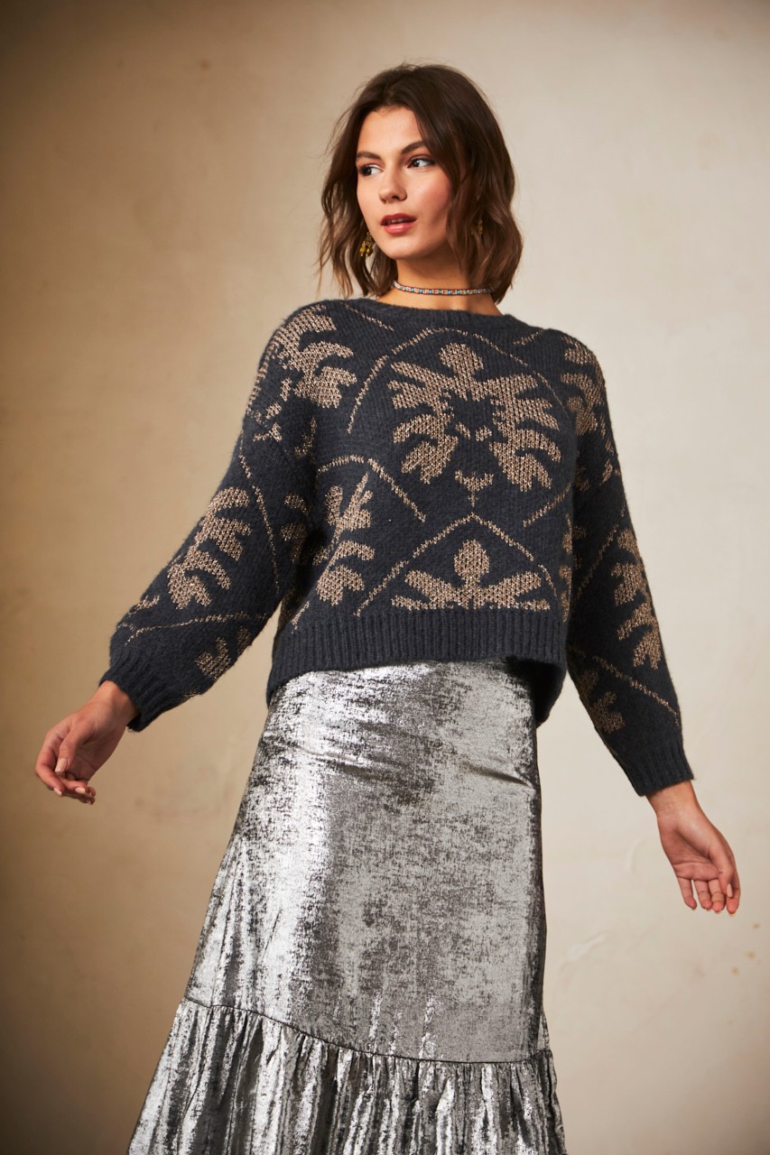 LONG SLEEVE JACQUARD SWEATER WITH LUREX